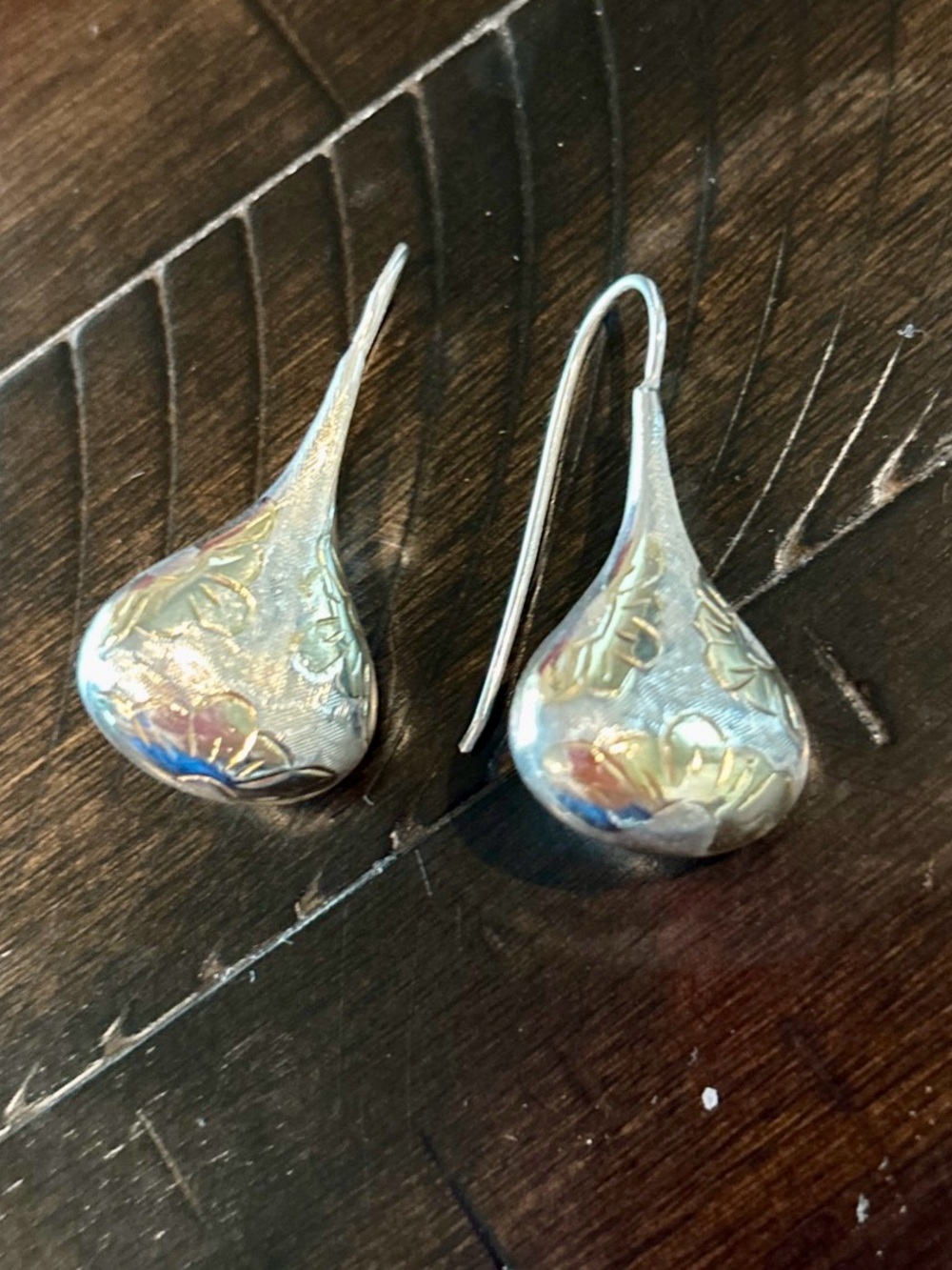 Vintage Floral Etched Sterling Silver 925 Puffy Teardrop Dangle Earrings